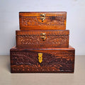 Set of 3 Hand Carved Wooden Jewelry Boxes - 6x9", 7x10", and 8x12"