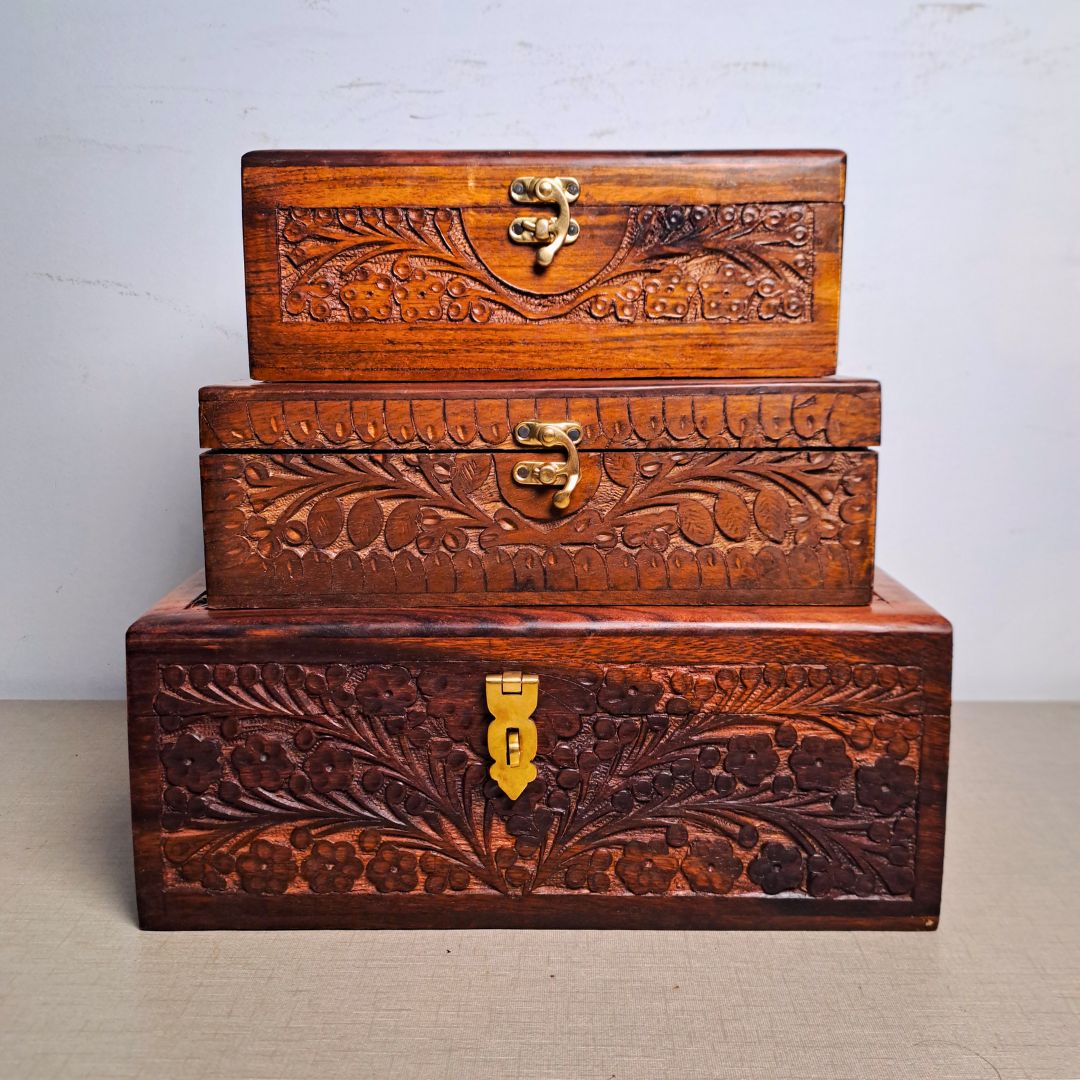 Set of 3 Hand Carved Wooden Jewelry Boxes - 6x9", 7x10", and 8x12"