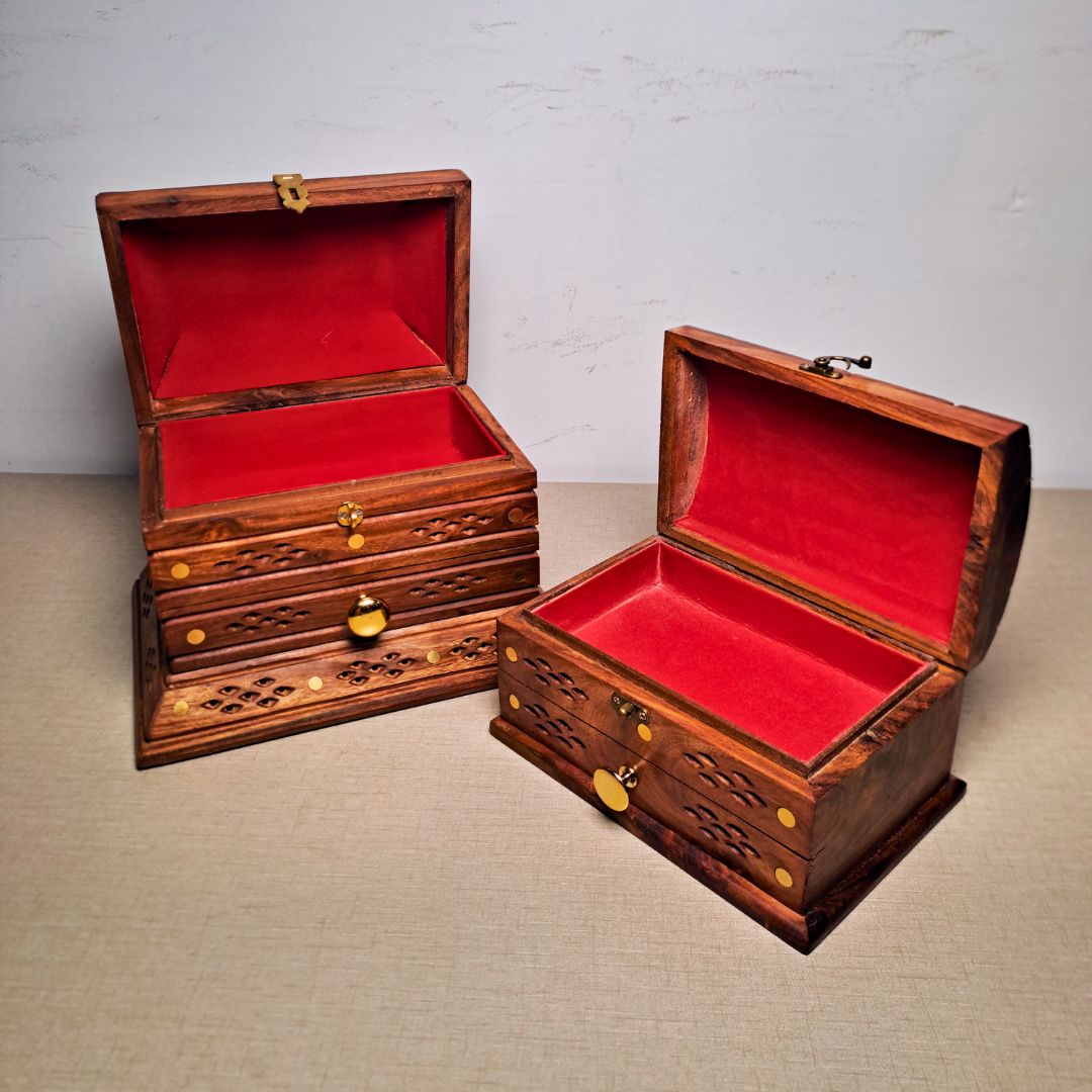Set of 2 Hand-Carved Shesham Wood Jewelry Boxes - 9x12" and 7x10"