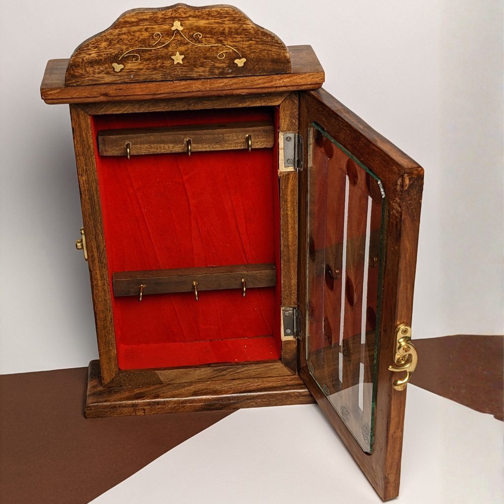 Handmade Wooden Wall Mounted Key Box with Glass Panel and 6 Key Hooks
