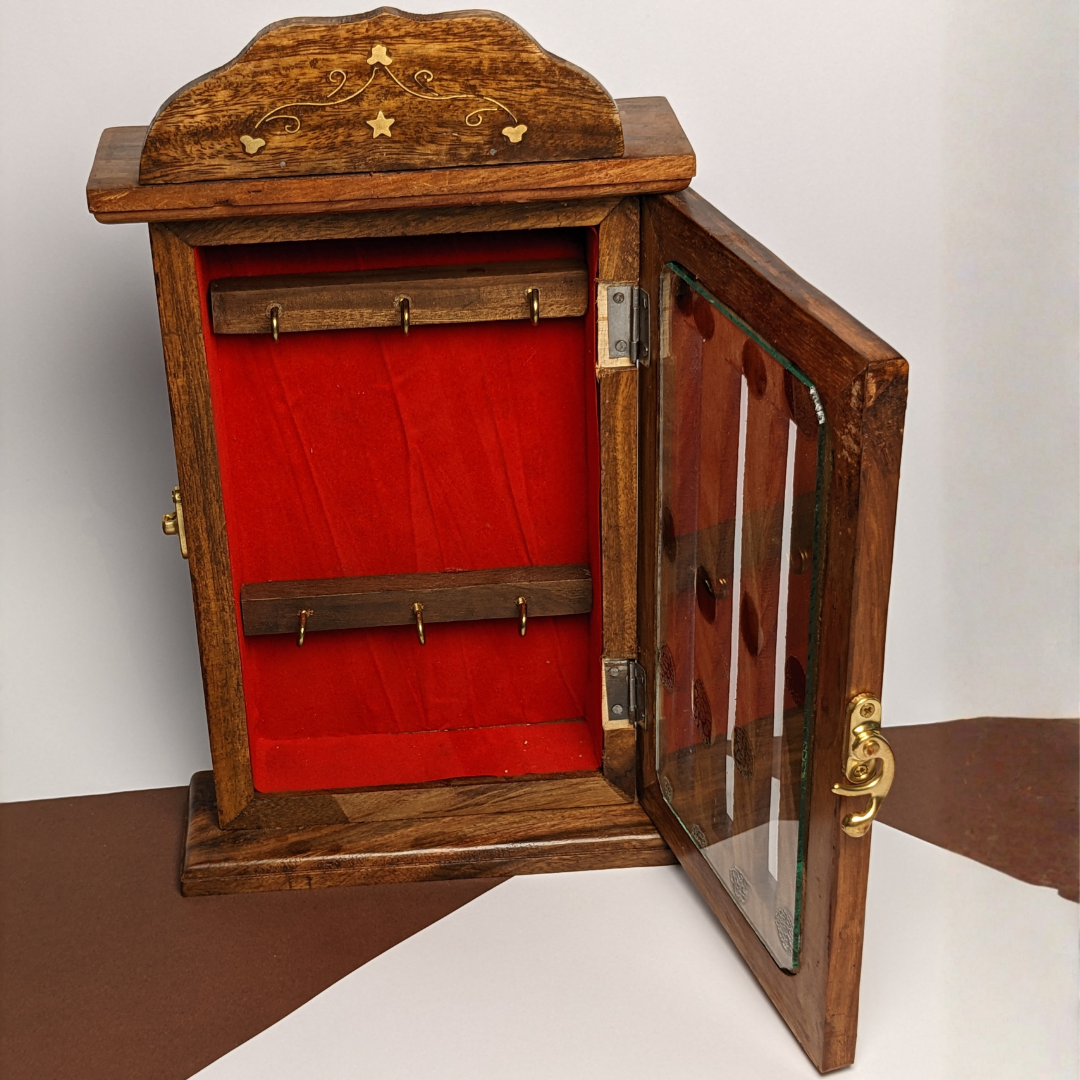Handmade Wooden Wall Mounted Key Box with Glass Panel and 6 Key Hooks