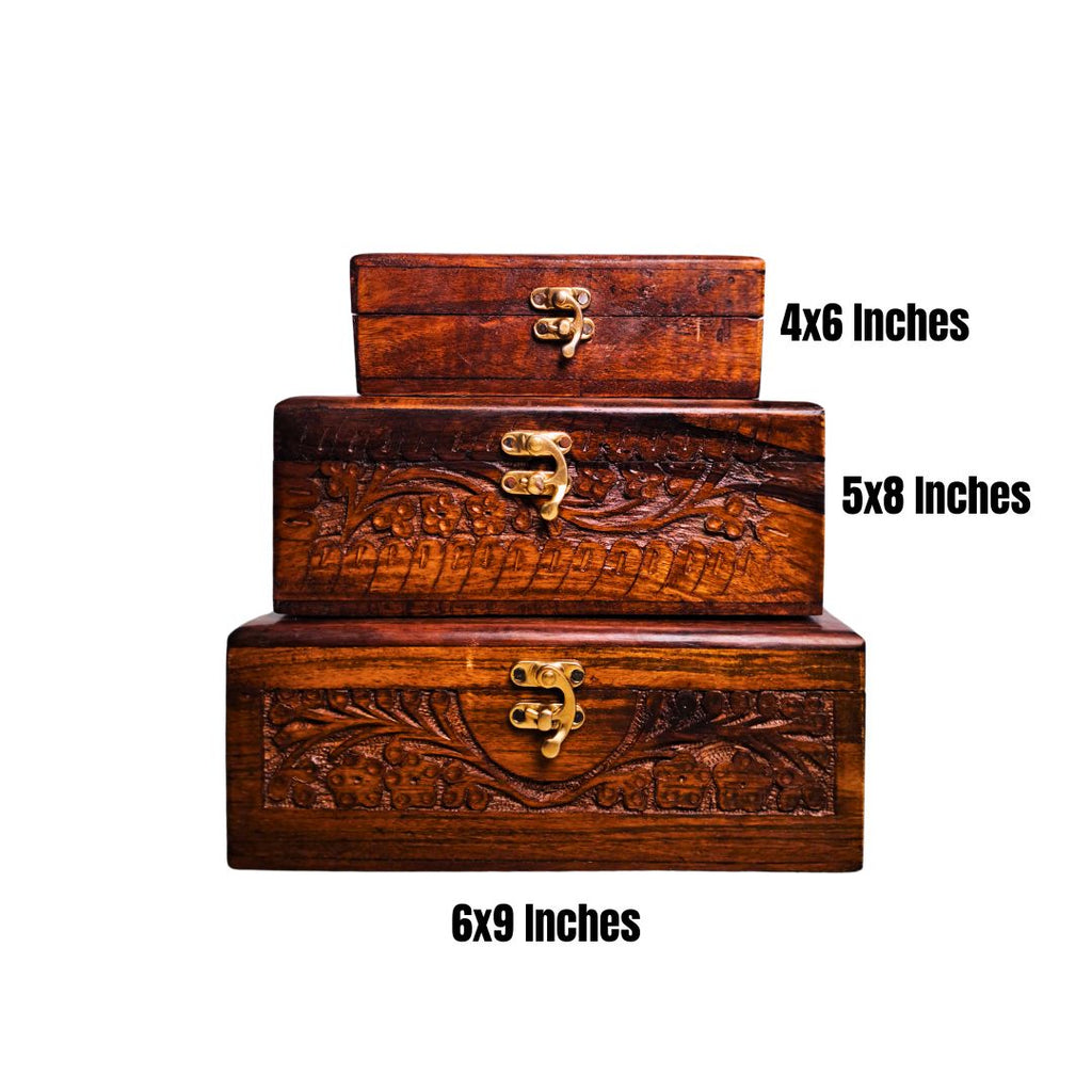 Set of 3 Hand Carved Wooden Jewelry Boxes - 6x9", 7x10", and 8x12"