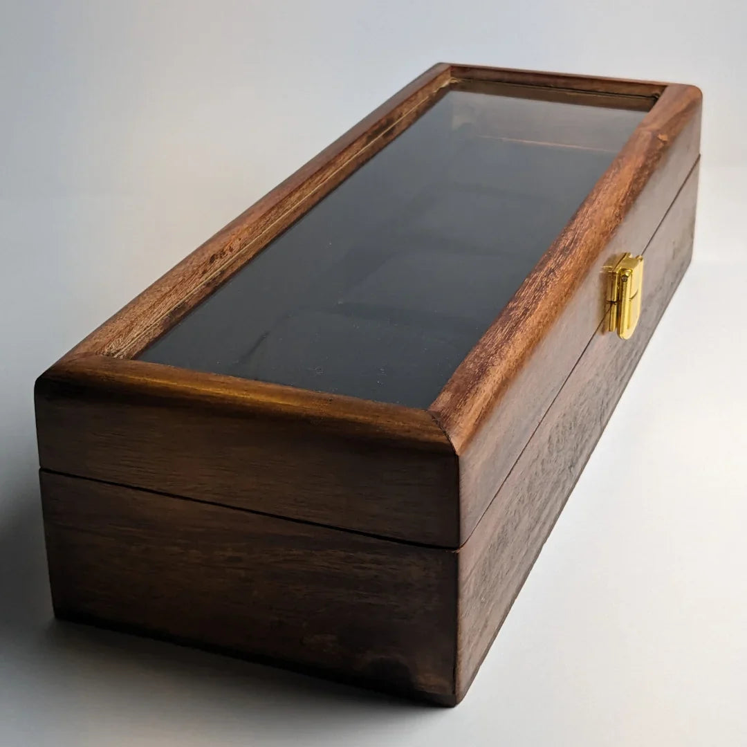 Wooden Watch Box with Glass Lid & Shape-Holding Cushions – Organizer for 5 Watches