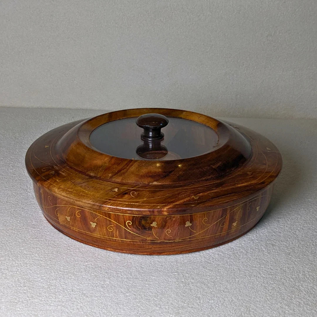 Wooden Dry Fruit Box with Glass Lid & Brass Art