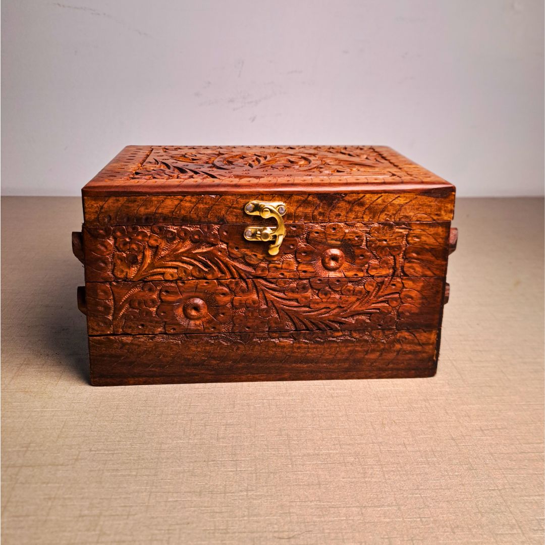 Set of 3 Hand Carved Wooden Jewelry Boxes - Timeless Elegance