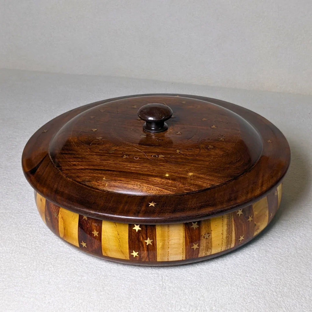 Handcrafted Striped Wooden Dry Fruit Box with Brass Art