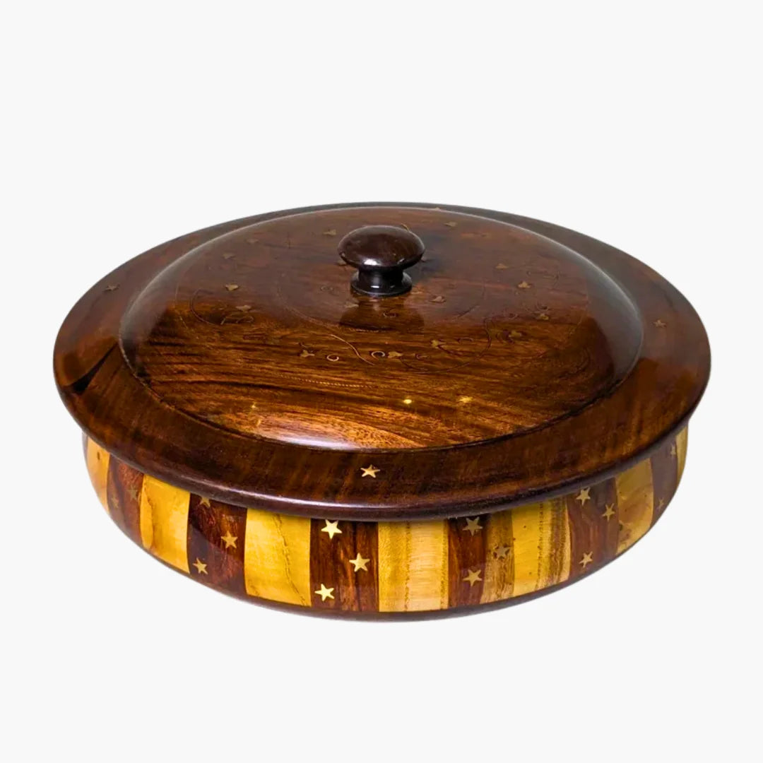 Handcrafted Striped Wooden Dry Fruit Box with Brass Art