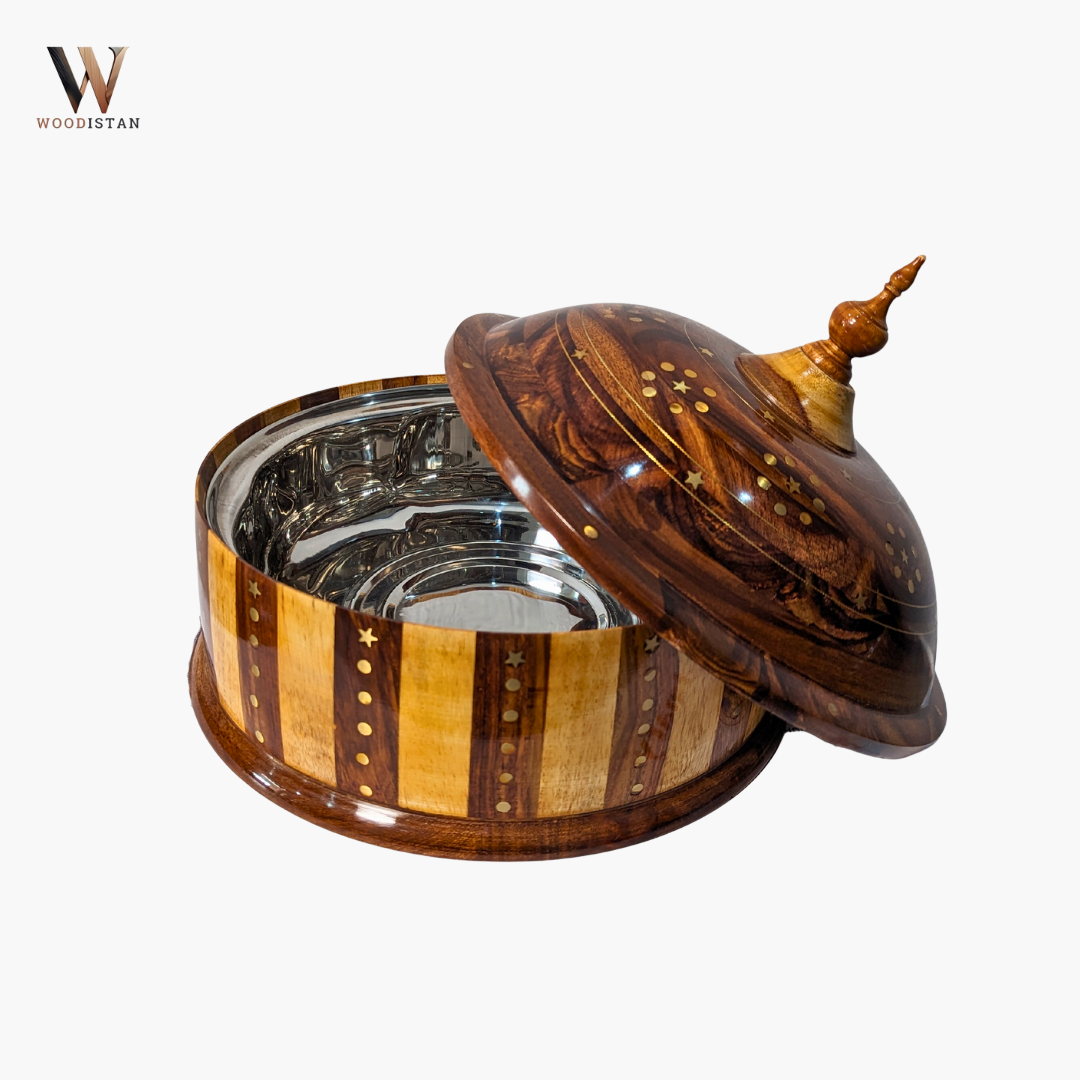 Handmade Wooden Dome Striped Hotpot with Steel Bowl