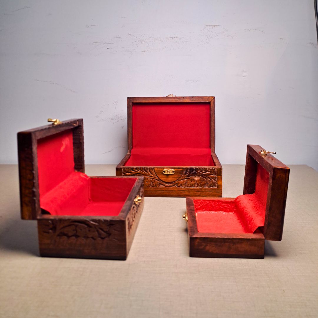 Set of 3 Hand Carved Wooden Jewelry Boxes - 6x9", 7x10", and 8x12"