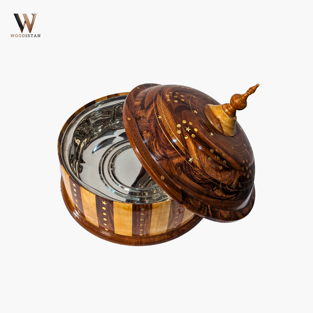 Handmade Wooden Dome Striped Hotpot with Steel Bowl
