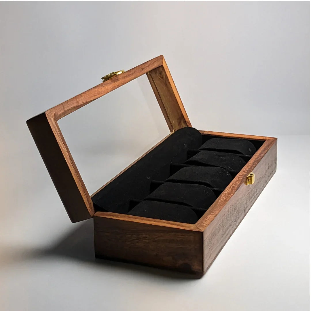Wooden Watch Box with Glass Lid & Shape-Holding Cushions – Organizer for 5 Watches