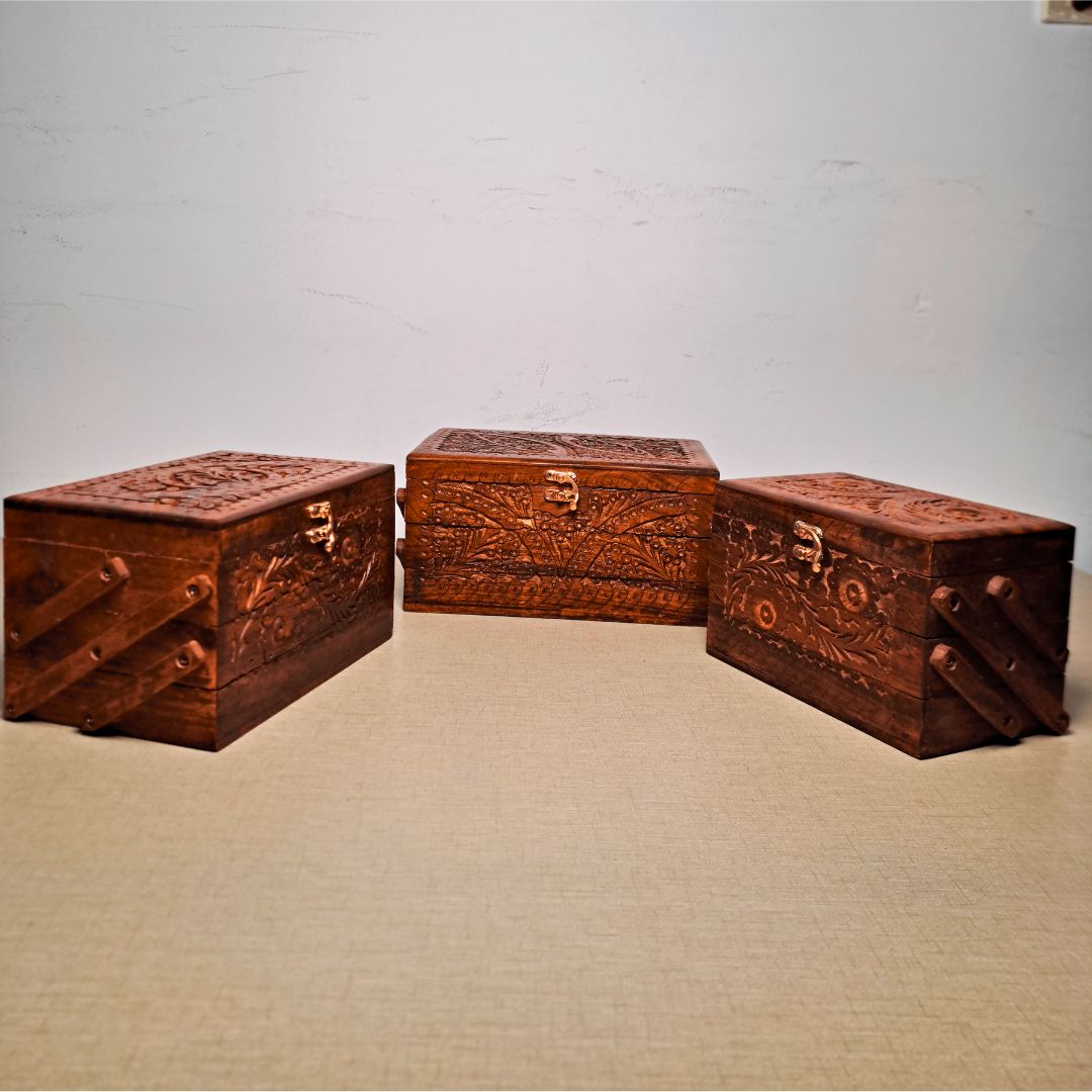 Set of 3 Hand Carved Wooden Jewelry Boxes - Timeless Elegance