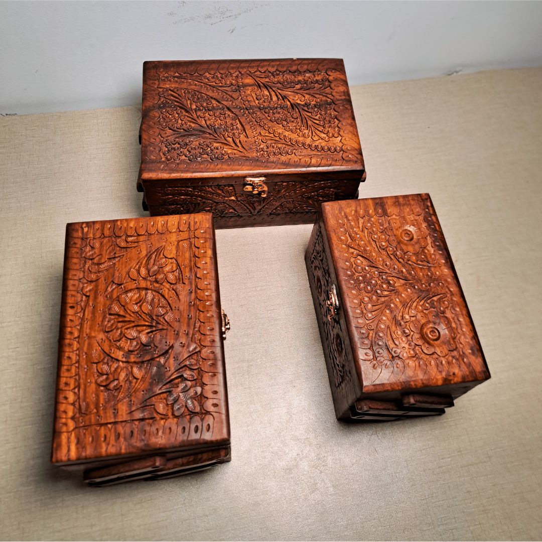 Set of 3 Hand Carved Wooden Jewelry Boxes - Timeless Elegance