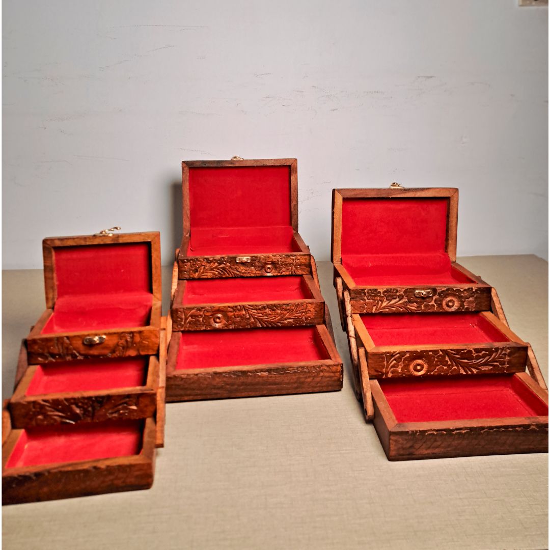 Set of 3 Hand Carved Wooden Jewelry Boxes - Timeless Elegance