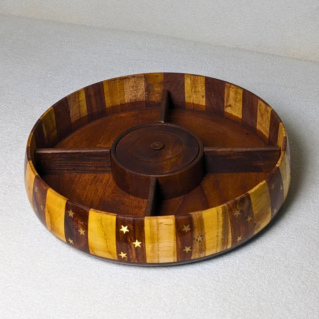 Handcrafted Striped Wooden Dry Fruit Box with Brass Art