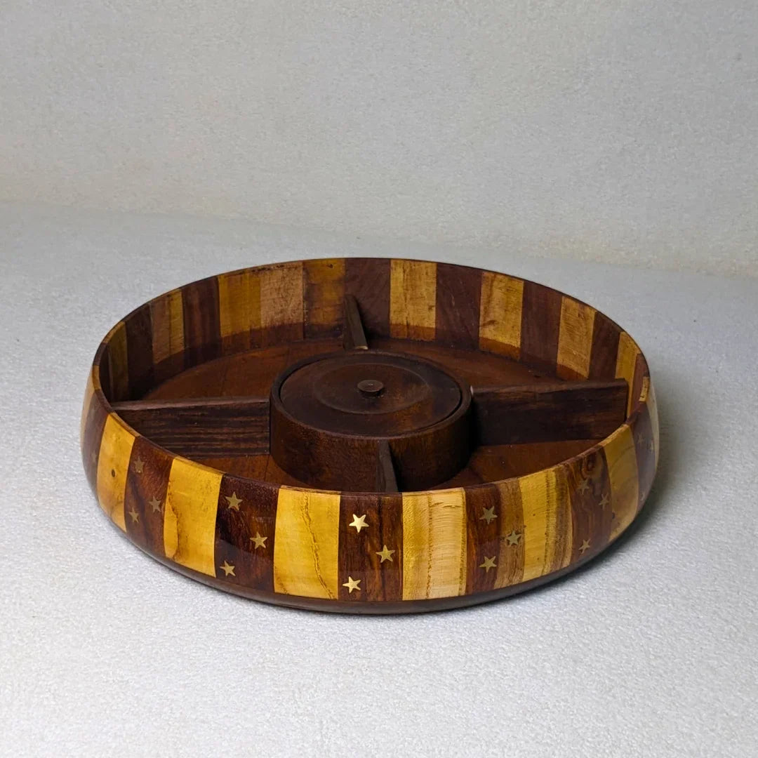 Handcrafted Striped Wooden Dry Fruit Box with Brass Art