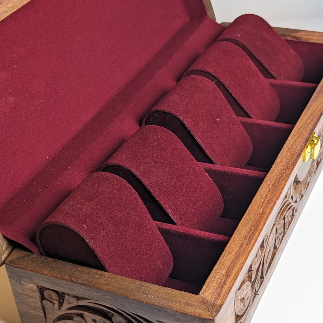 Wooden Watch Box with Plain Top, Carving Art & Shape-Holding Cushions – Organizer for 5 Watches
