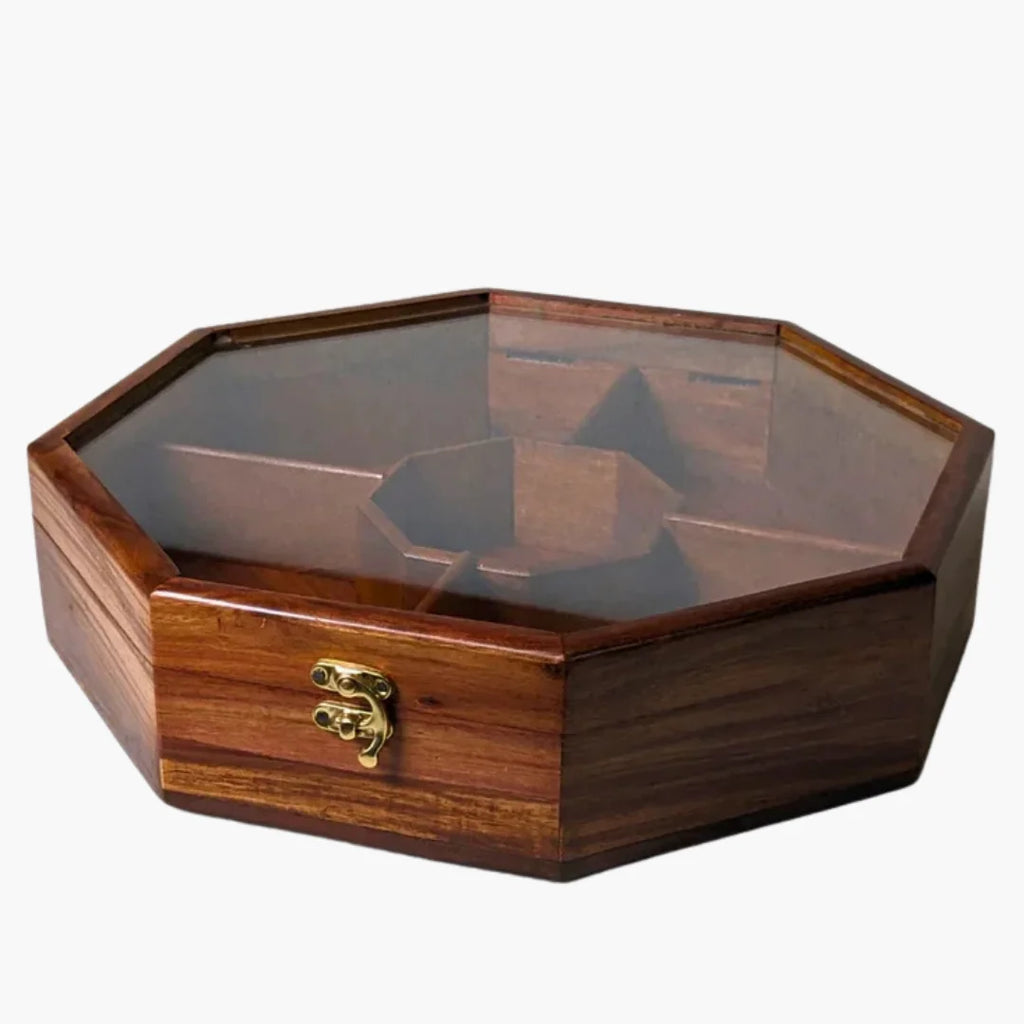 Wooden Octagon Dry Fruit Box with Glass Lid - Large