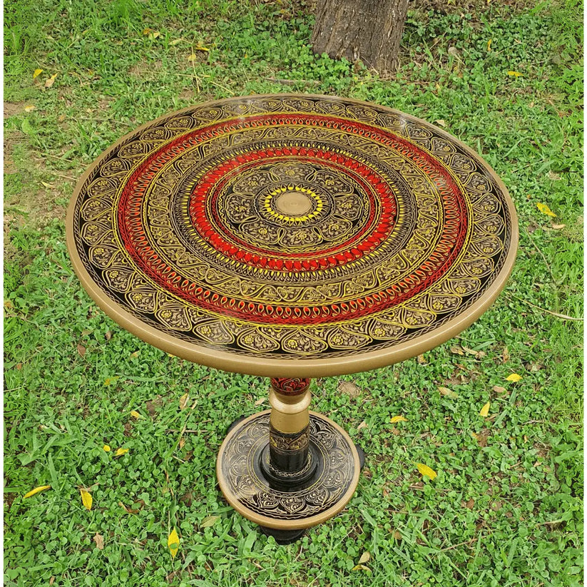 18″ Wooden Round Coffee Table – Regal Red Naqsheen Design