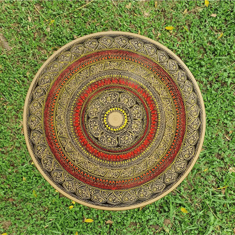 18″ Wooden Round Coffee Table – Regal Red Naqsheen Design