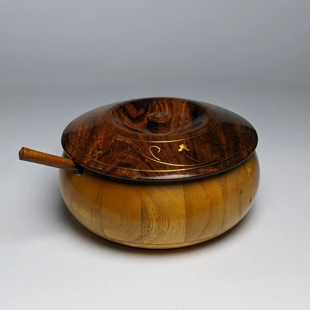 Handcrafted Wooden Sugar Pot with Lid & Spoon