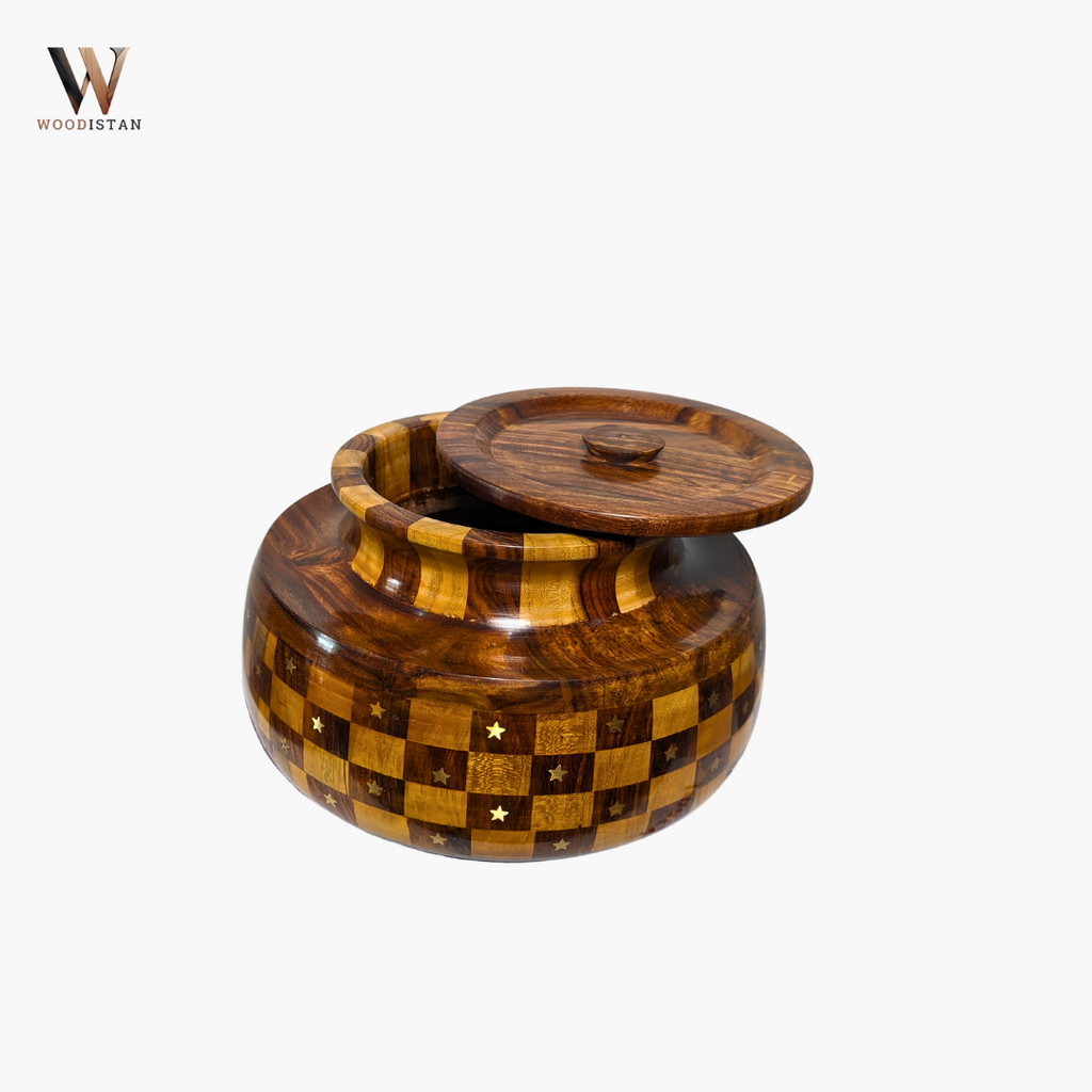 Handmade Wooden Daig Style Chapati Hotpot with Checkered Pattern