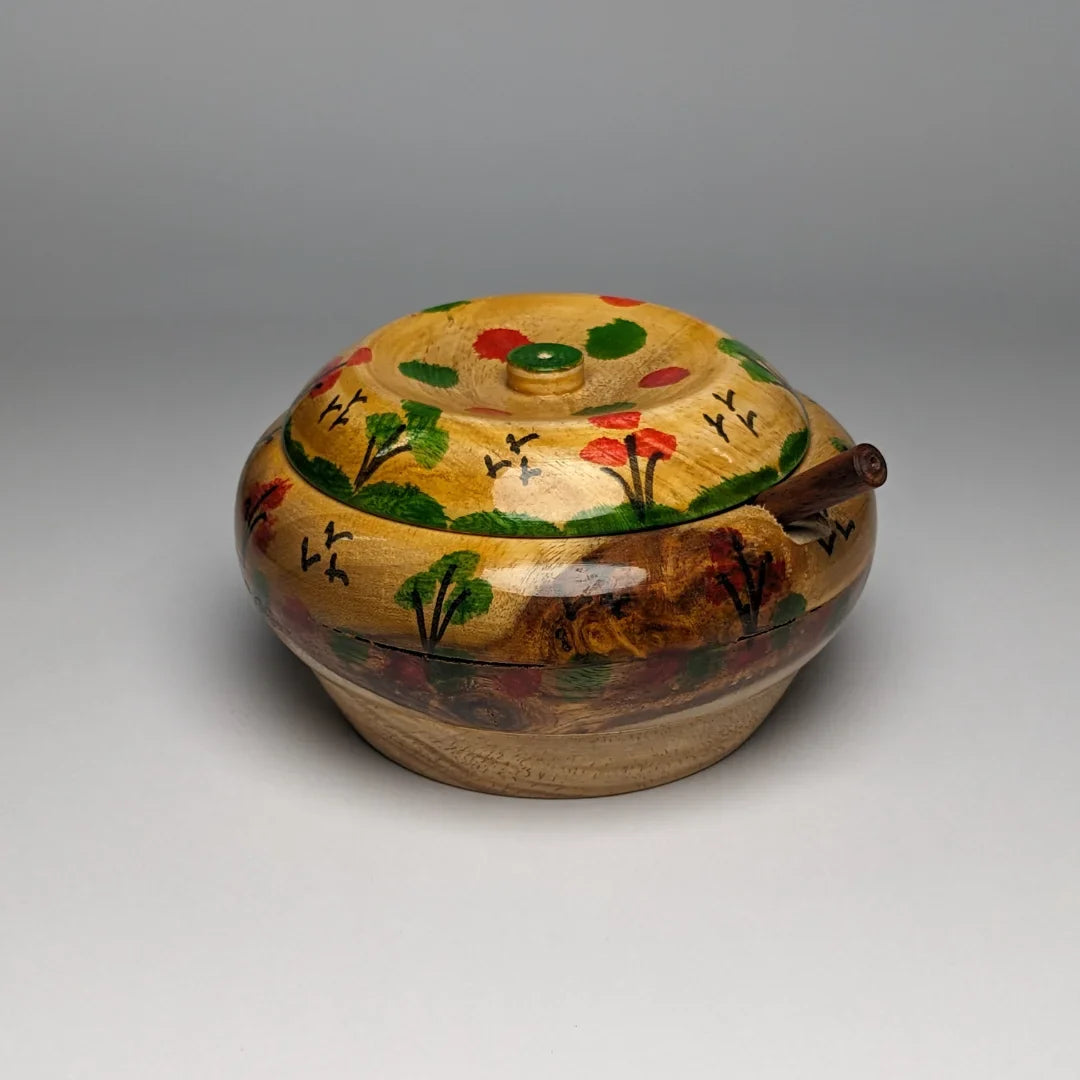 Hand-Painted Wooden Sugar Pot with Lid & Spoon