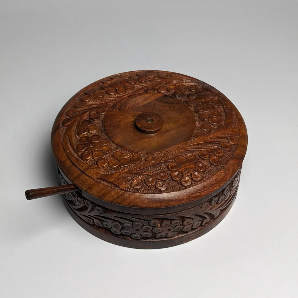 Hand-Carved Wooden Sugar Pot with Lid & Spoon