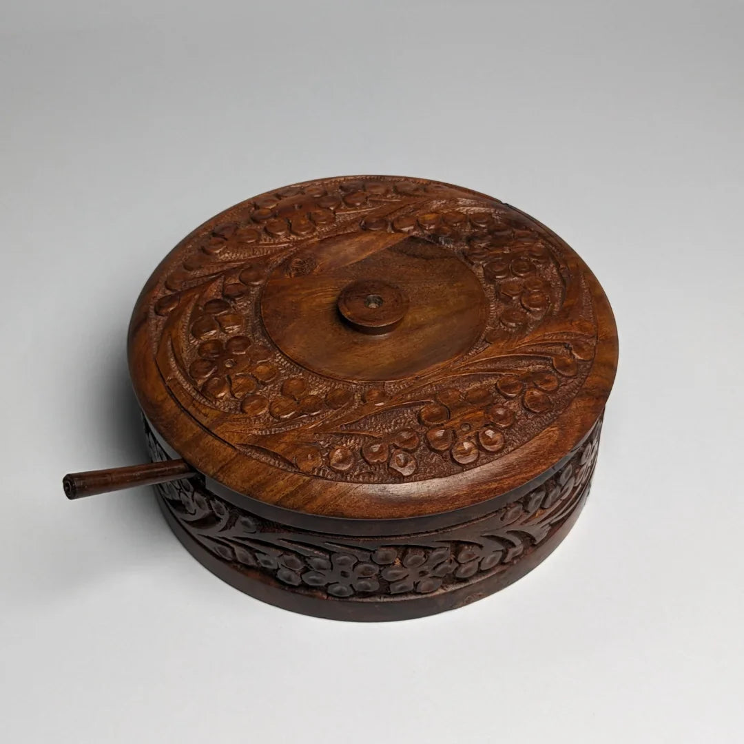 Hand-Carved Wooden Sugar Pot with Lid & Spoon