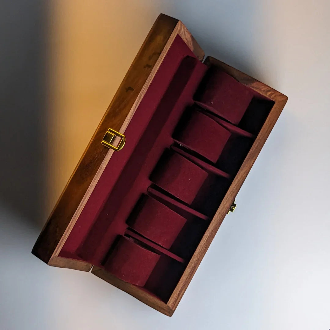 Wooden Watch Box with Plain Top, Carving Art & Shape-Holding Cushions – Organizer for 5 Watches