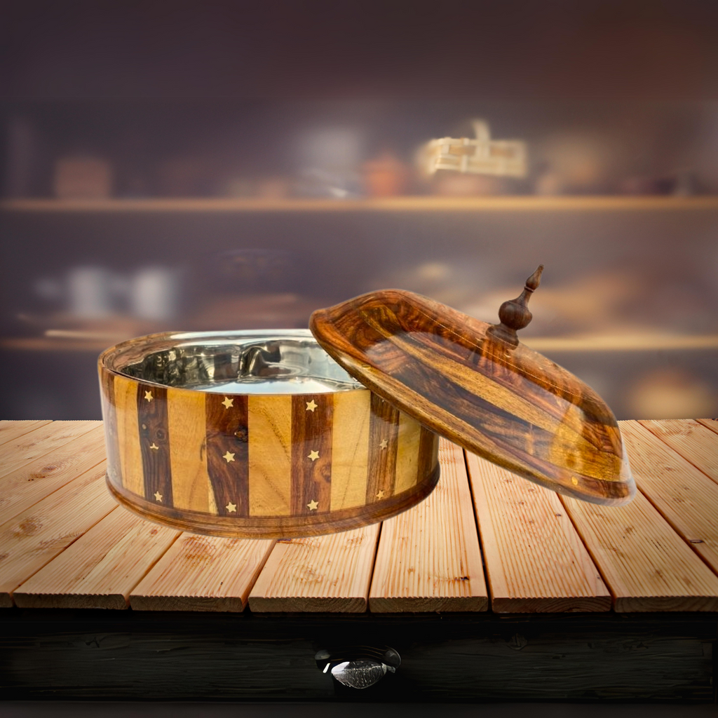 Wooden Handmade Striped Hot Pot with Steel Bowl