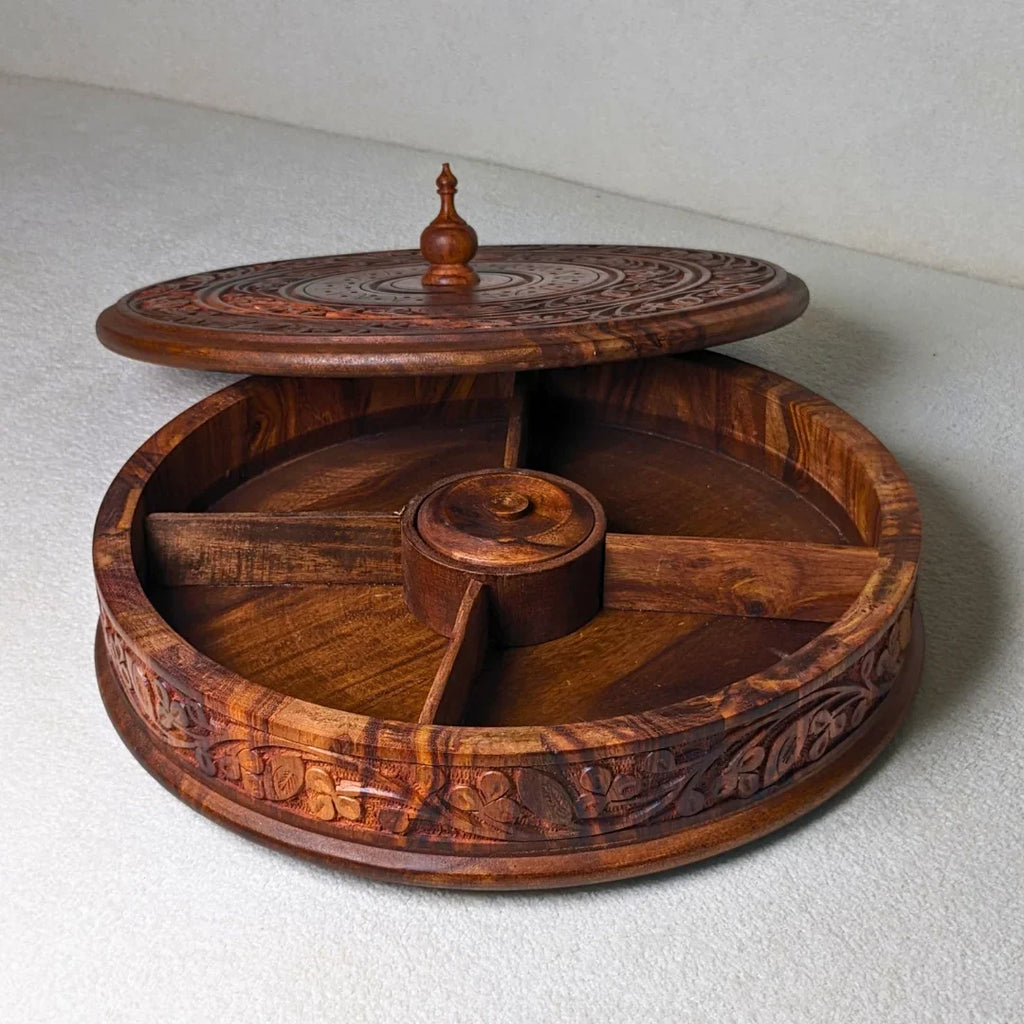 Handcrafted Wooden Dry Fruit Box with Traditional Carving