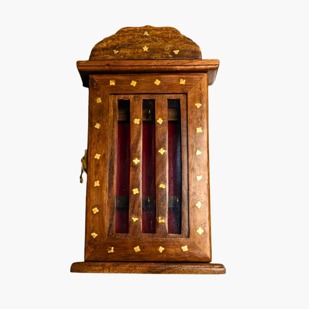 Handmade Wooden Wall Mounted Key Box with Glass Panel and 6 Key Hooks