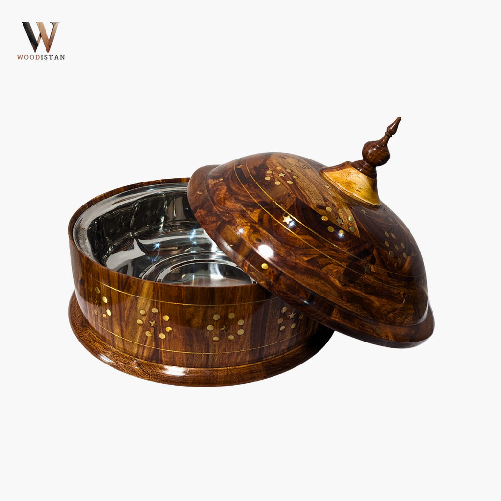 Handmade Wooden Dome Hotpot with Steel Bowl & Brass Art