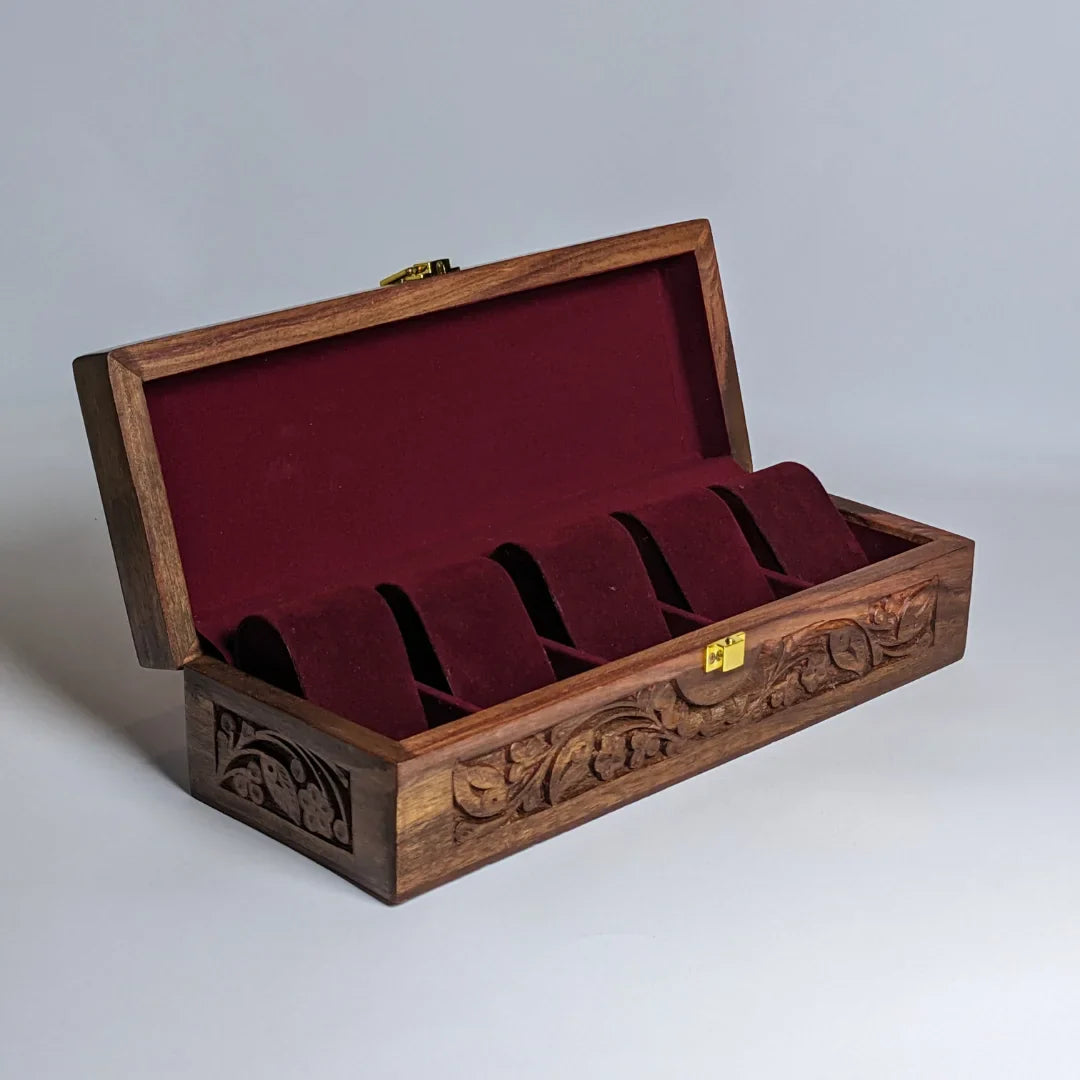 Wooden Watch Box with Plain Top, Carving Art & Shape-Holding Cushions – Organizer for 5 Watches