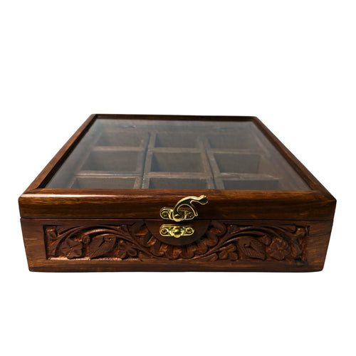 9 Portion Wooden Carved Spice Storage