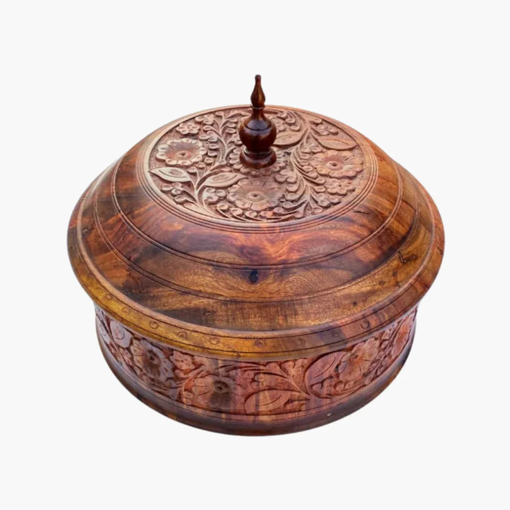 Rustic Hand-Carved Wooden Hotpot with Steel Bowl