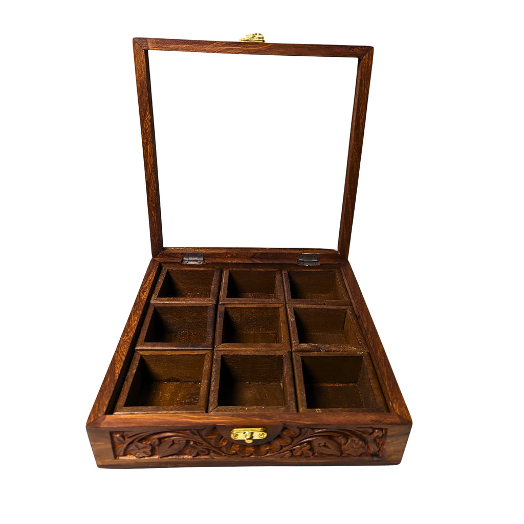 9 Portion Wooden Carved Spice Storage