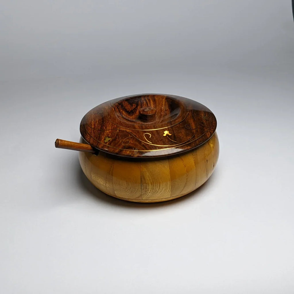 Handcrafted Wooden Sugar Pot with Lid & Spoon