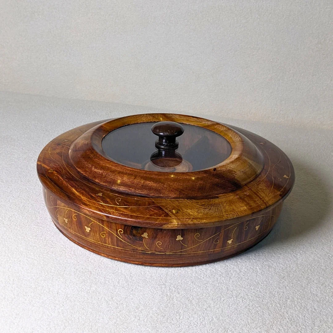 Wooden Dry Fruit Box with Glass Lid & Brass Art