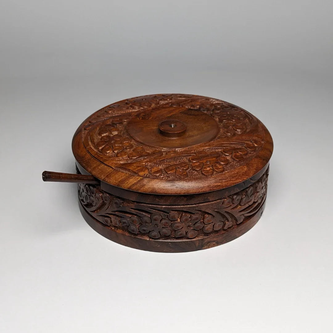 Hand-Carved Wooden Sugar Pot with Lid & Spoon
