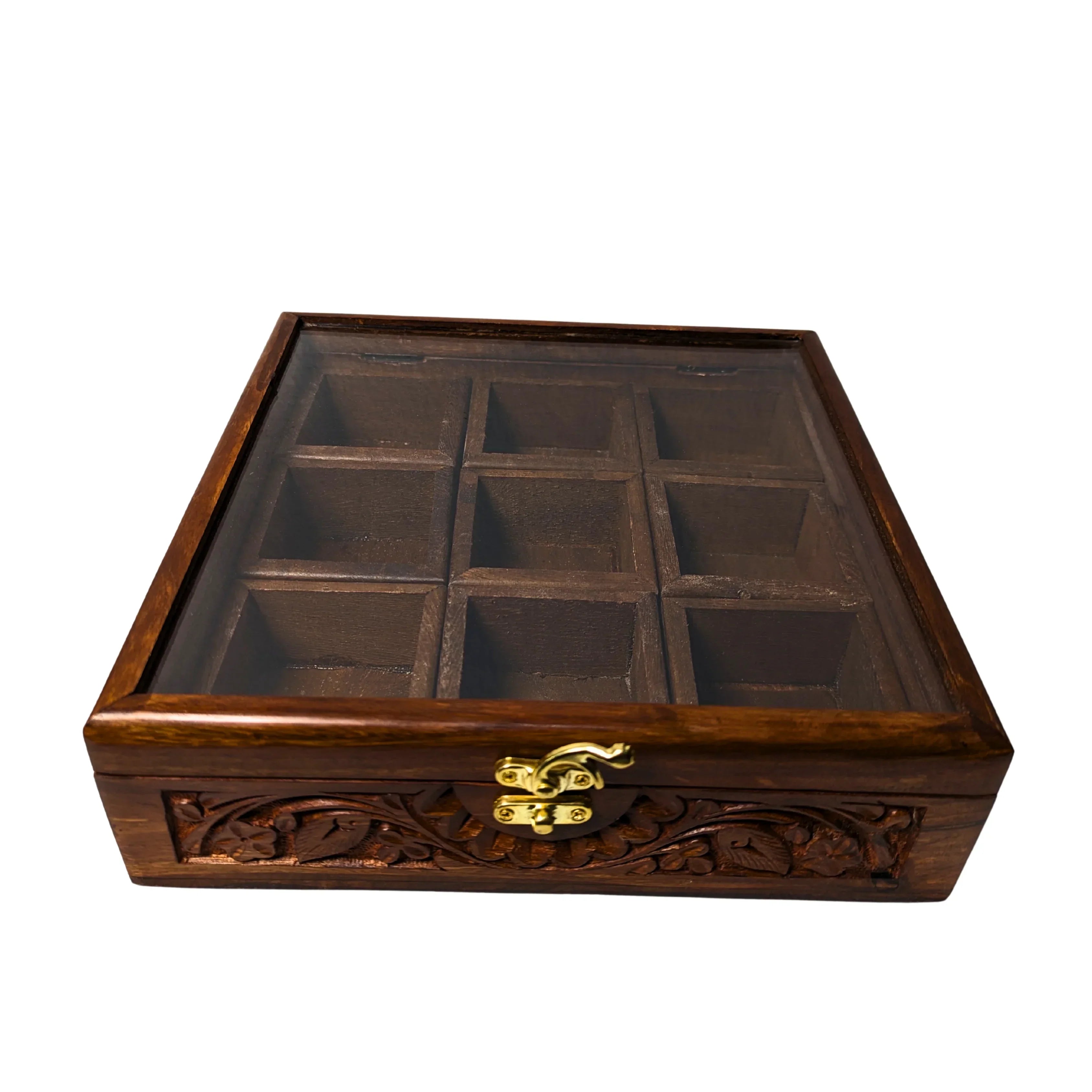 9 Portion Wooden Carved Spice Storage