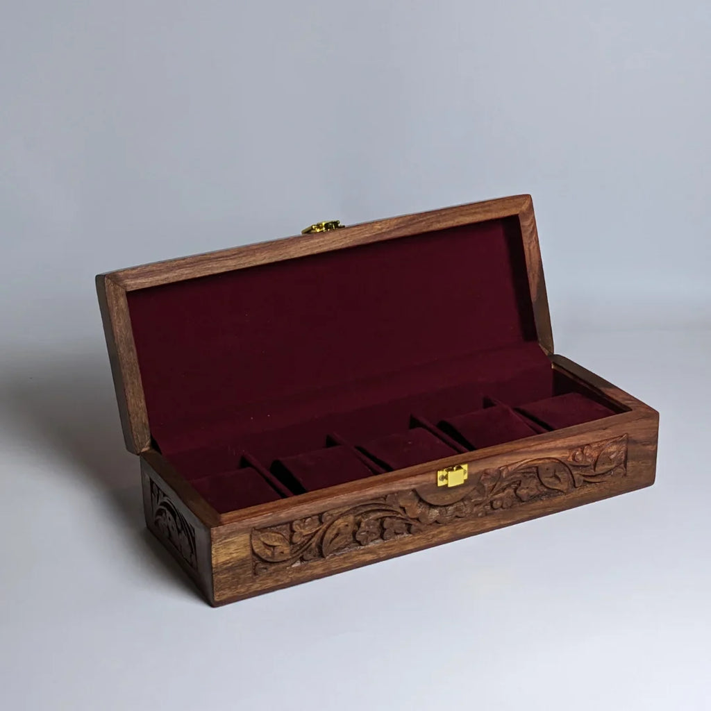 Wooden Watch Box with Plain Top, Carving Art & Shape-Holding Cushions – Organizer for 5 Watches