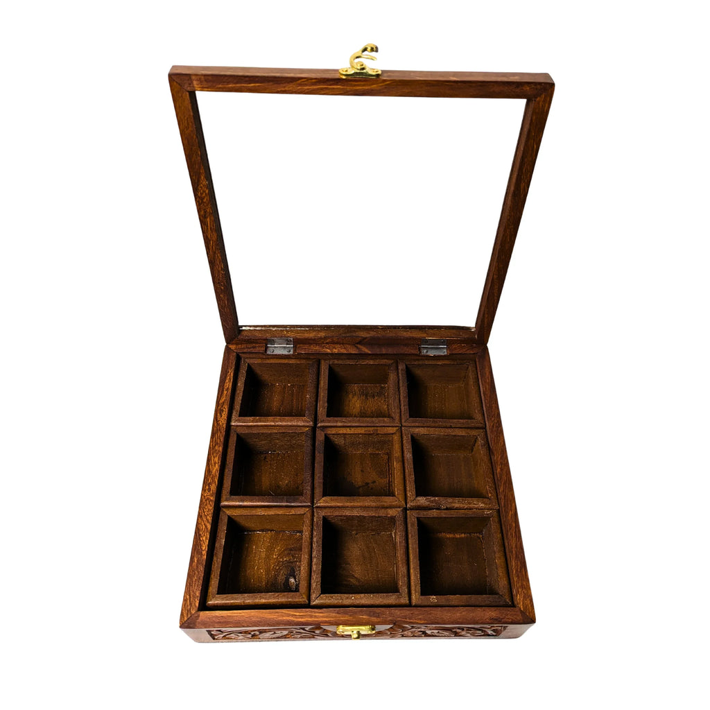 9 Portion Wooden Carved Spice Storage