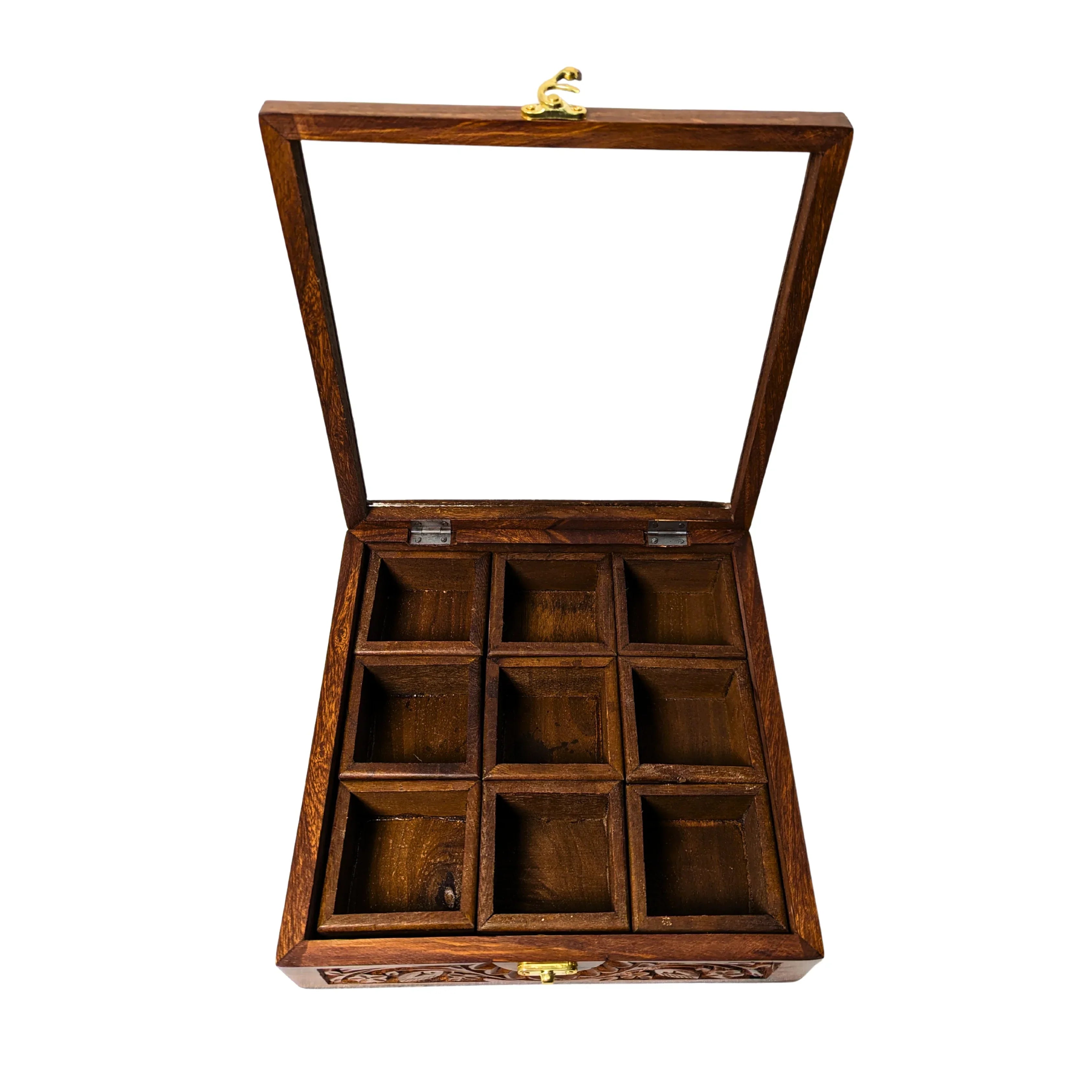 9 Portion Wooden Carved Spice Storage