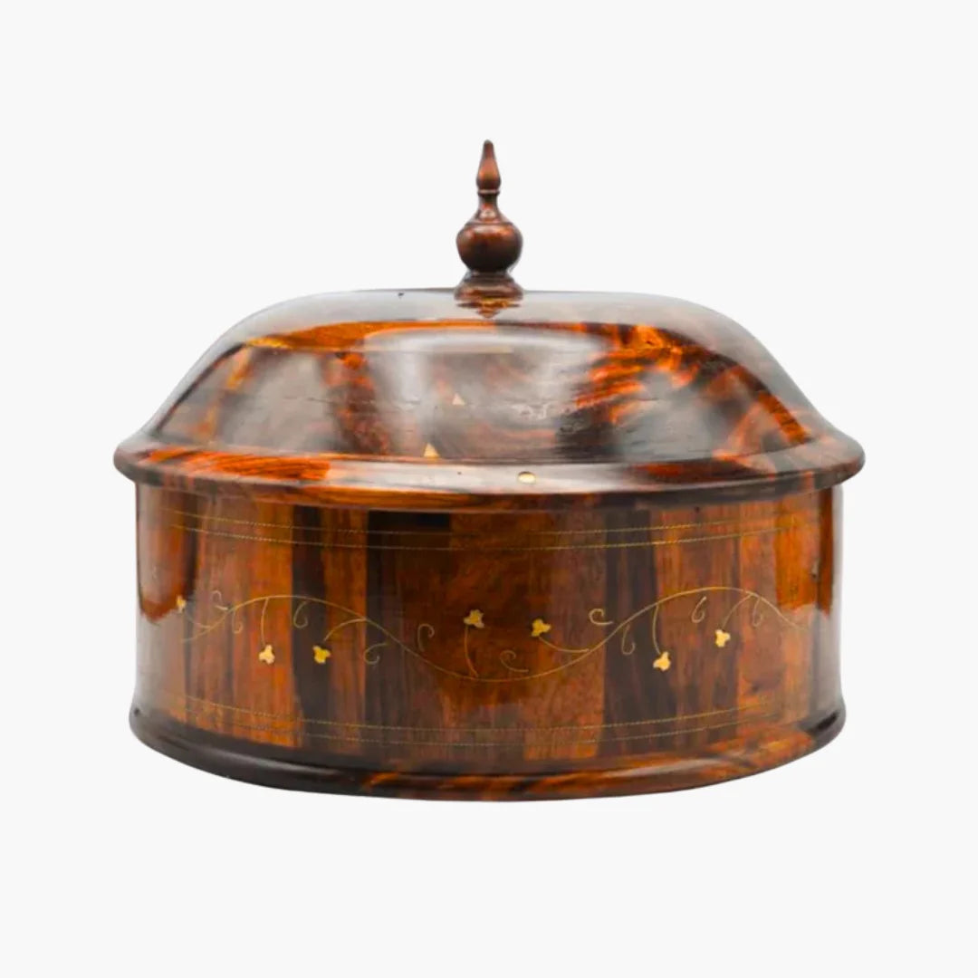 Rustic Wooden Hotpot with Intricate Brass Artistry