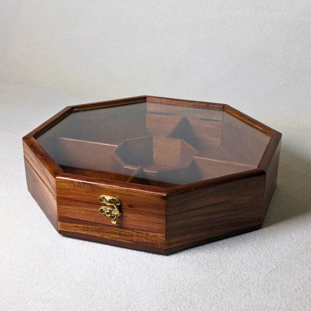 Wooden Octagon Dry Fruit Box with Glass Lid - Large