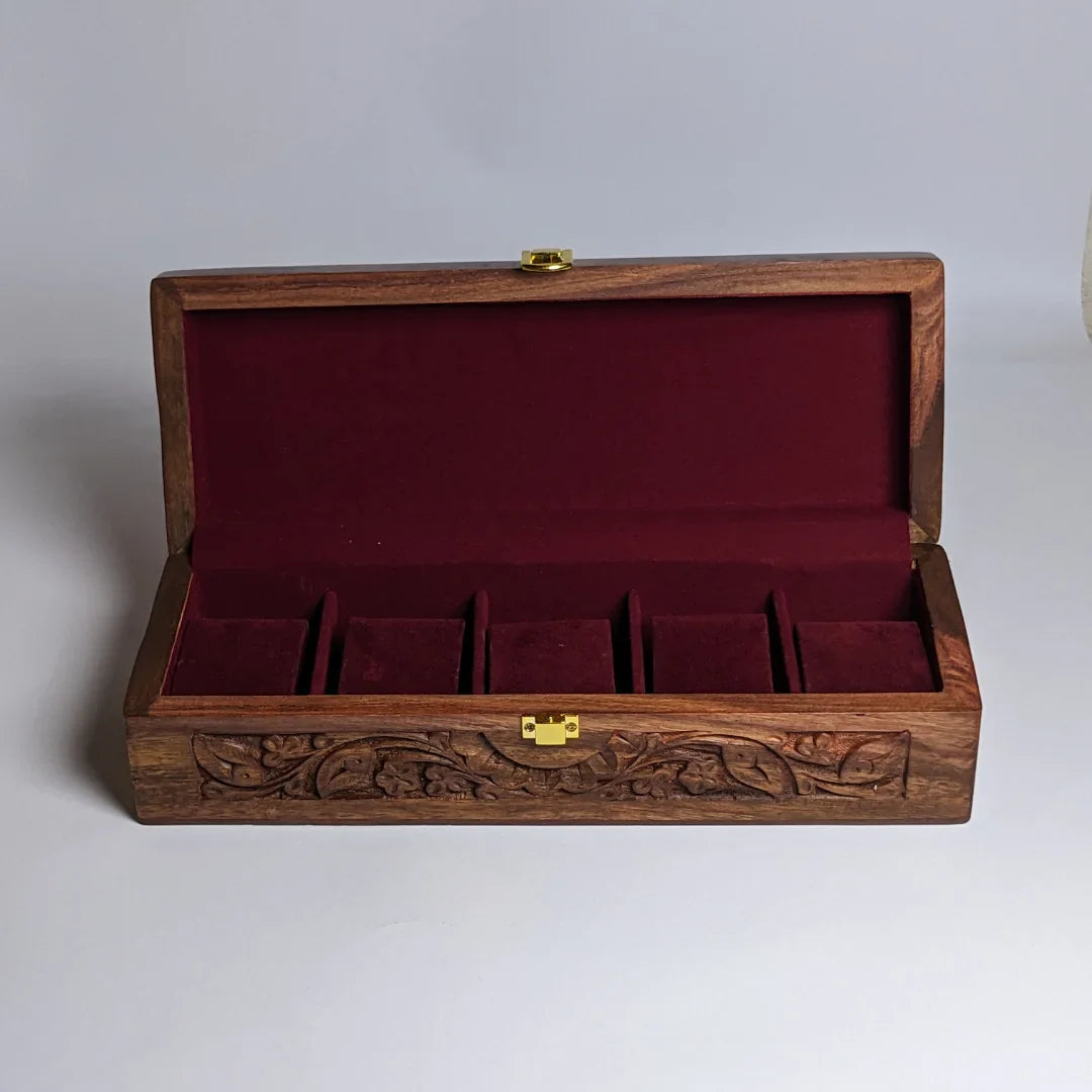 Wooden Watch Box with Plain Top, Carving Art & Shape-Holding Cushions – Organizer for 5 Watches