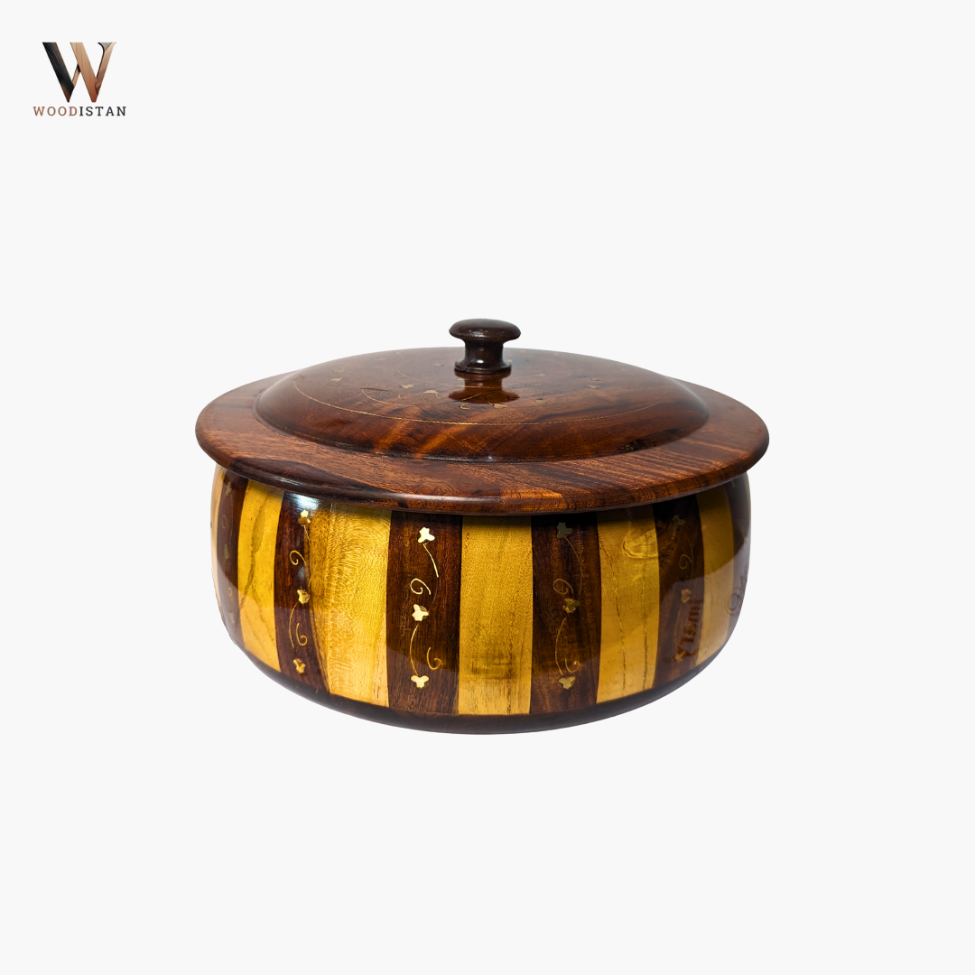 Handmade Wooden Striped Chapati Hotpot with Brass Artistry