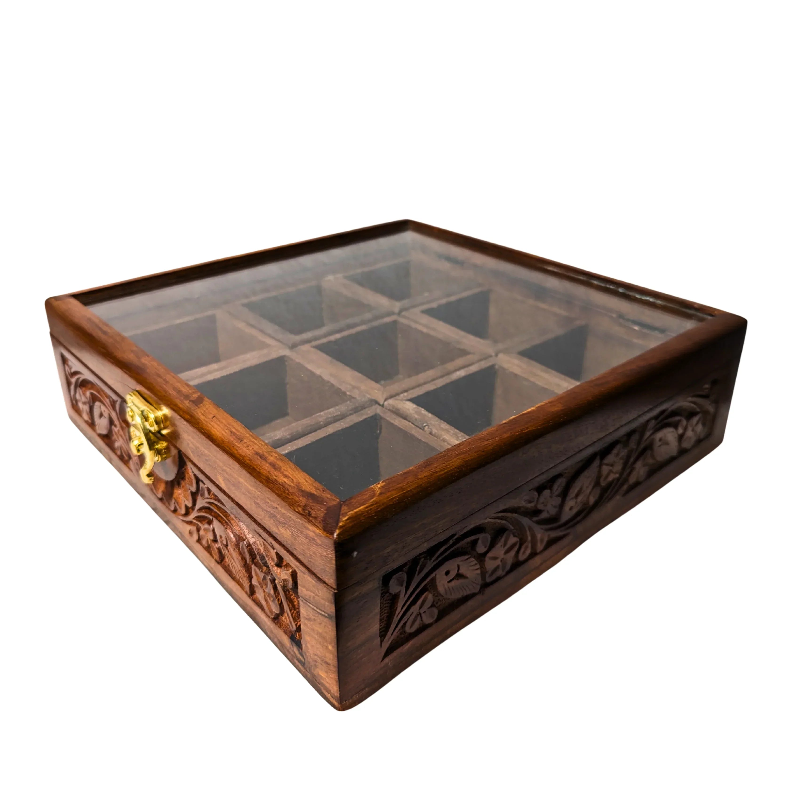 9 Portion Wooden Carved Spice Storage